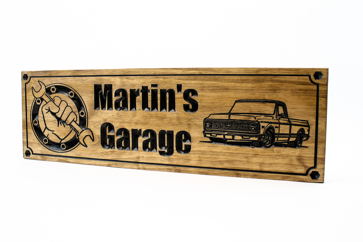 Garage Sign | Man Cave sign with wrench hand and a 1971 Chevy pickup truck