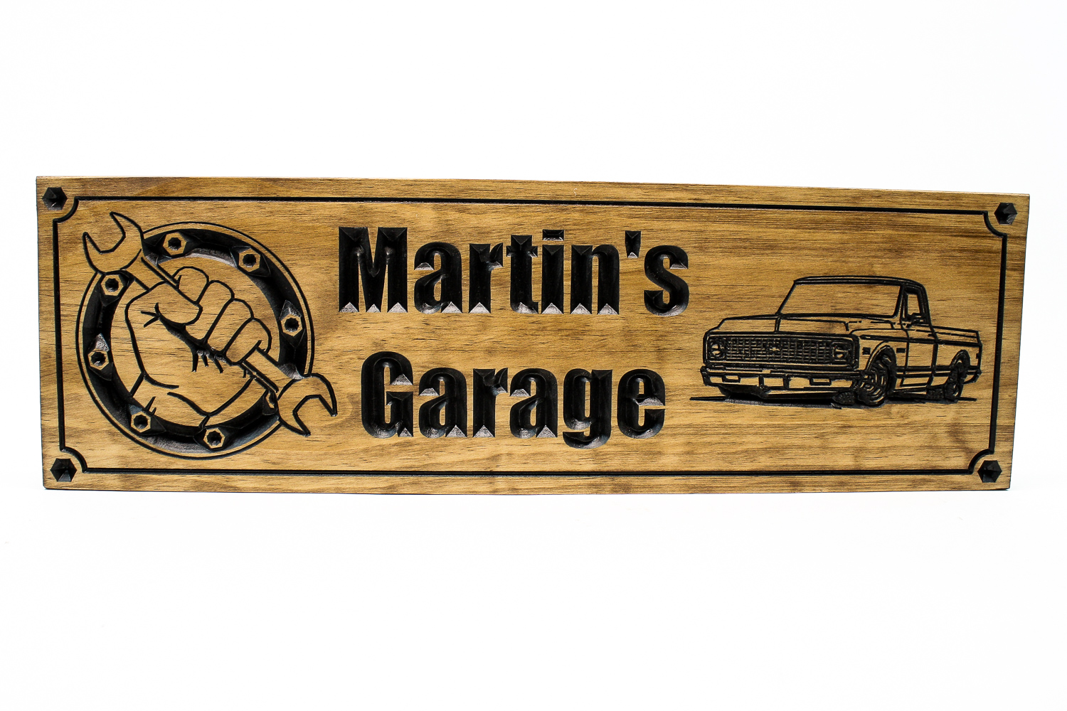 Garage Sign | Man Cave sign with wrench hand and a 1971 Chevy pickup truck