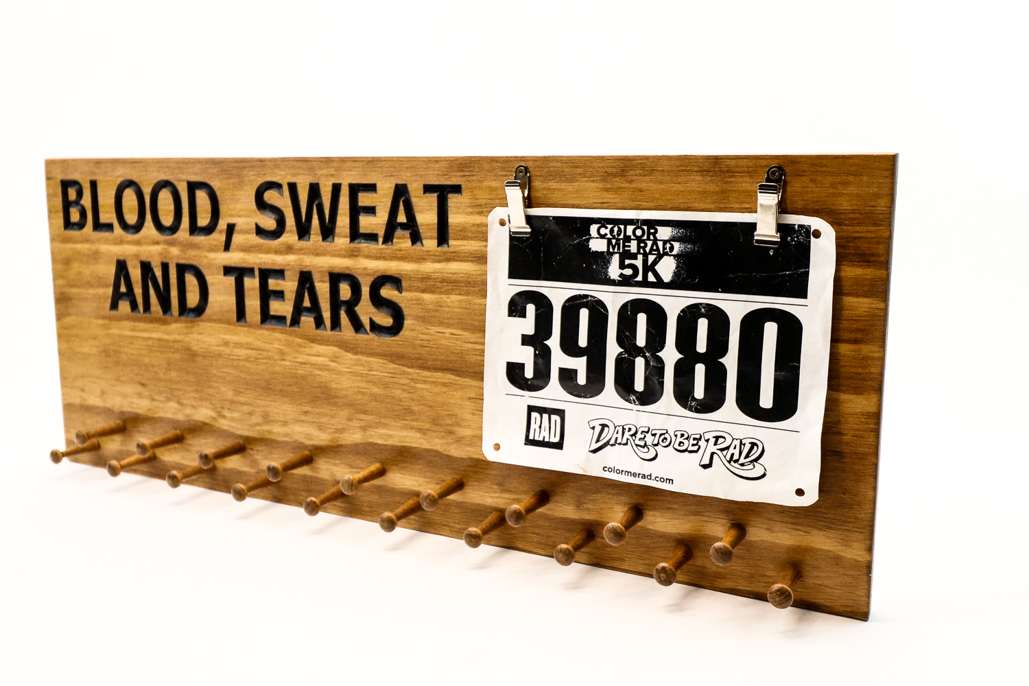 Blood,Sweat and Tears Marathon Medal display 23x9 with 10, 19 or 30 PEGS and race bib holder-race bib hanger-Marathon 